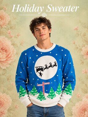 Blue Christmas Sweater – Santa Sleigh & Reindeer Snowy Tree Knit